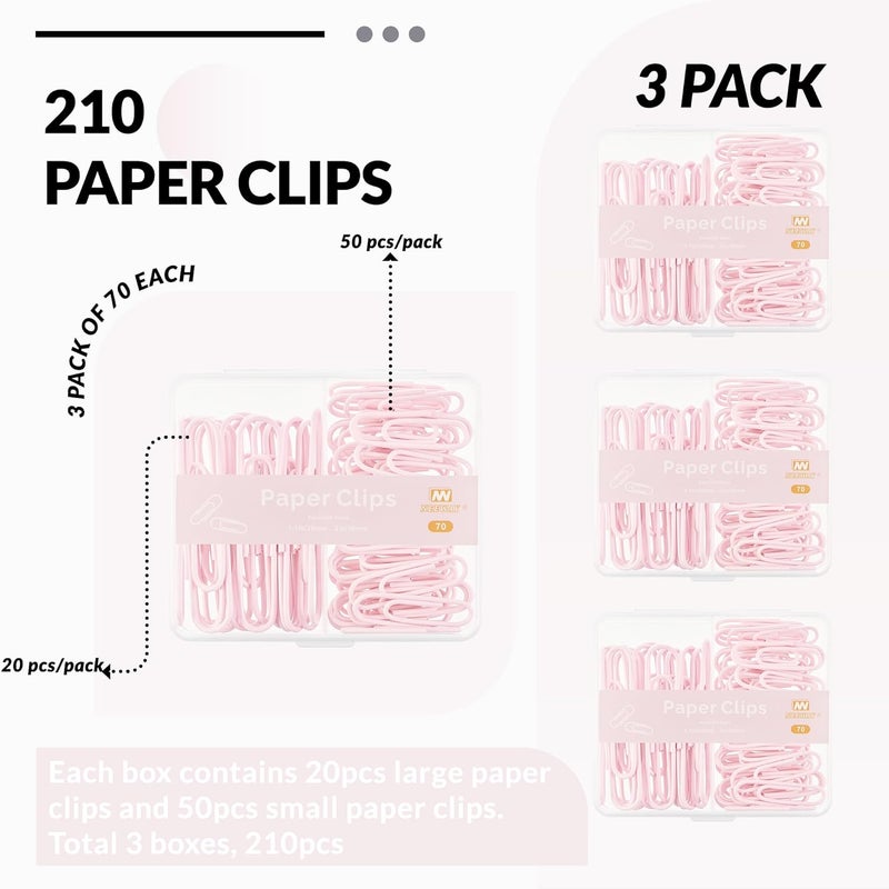 NEEWAY Colorful Paper Clips Assorted Sizes, Small and Large Paperclips, 210 Count, 3 Pack of 70 (Light Pink) - Image 3